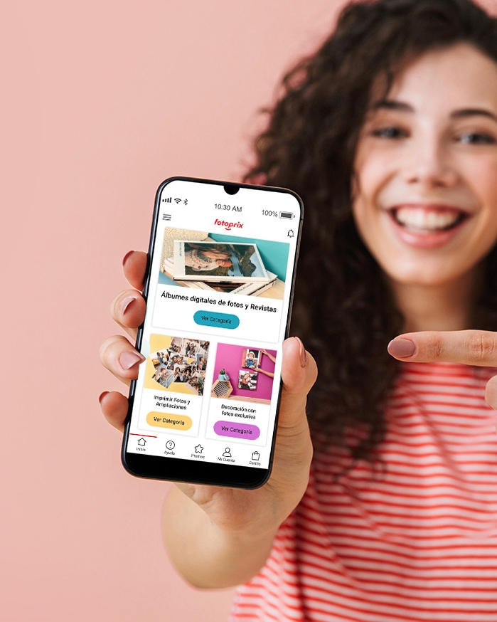 Usa la nueva APP Fotoprix para móvil Android e IOS y crea magia con tus fotos favoritas desde tu móvil en minutos.
Disponibles todos los productos de la web de Fotoprix.